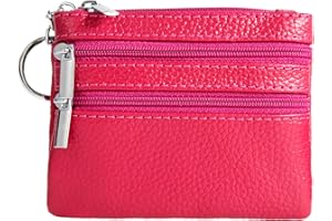 FAYRE FAIRY Women's Genuine Leather Coin Purse Mini Pouch Change Wallet with Key Ring (Rose Red)