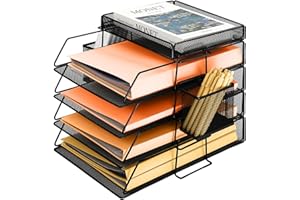 PLSOPPKG Organizador de Archivos de Escritorio A4 de 4 Niveles, Soporte de Archivos de Malla, Clasificador de Papel Bandeja Apilable, Malla Metalicas con Bandeja con Soporte de Papelería Superior