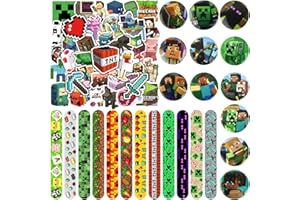 Awonlate Set Compleanno Miner Gamer da 74 Pezzi - 12 Distintivi per Bambini, 50 Adesivi, 12 Cerchi Pat, Forniture di Compleanno per Bambini, Regali di Compleanno per Bambini