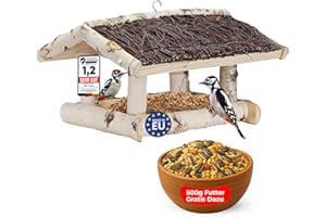 TORFIX® Vogelhaus Futterstation Vogelfutterhaus aus Birkenholz vögelhäuschen zum Aufhängen wetterbeständiges Dach, 39×35×25 cm, inkl. 500g Vogelfutter sofort einsatzbereit Handgefertigt in der EU