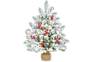 TIAZHAN Albero di Natale, Mini Albero di Natale Artificiale da 20 Pollici con Luci a LED, Albero di Natale in Abete Rosso Innevato con Pigne e Bacche Rosse, Decorazioni Natalizie da Scrivania per Le Vacanze