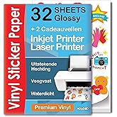 Hoogwaardig bedrukbaar vinylstickerpapier - 32 vellen - glanzend A4 - waterbestendig - laser- en inkjetstickerpapier - bedruk