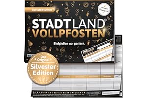 DENKRIESEN – Stadt Land VOLLPFOSTEN® Silvester Edition | Stadt Land Fluss Spiel | Partyspiel für Silvester & Erwachsene | A5 Spielblock | Familienspiel & Geschenkidee für deine Silvesterparty