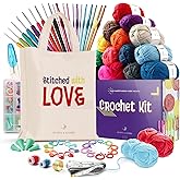 طقم كروشيه مكون من 73 قطعة مع خيوط كروشيه - مجموعة فاخرة تتضمن كرات الخيوط والإبر ومجموعة الملحقات وحقيبة حمل قماشية والكثير 