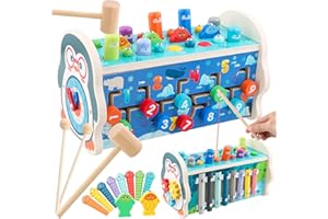 Litinliv 7 in 1 Hammering Pounding Toy, Wooden Montessori Toys with Magnetic Fishing Game, Whack a Mole Game, Clock, Xylophone, Maze, Kids Learning Educational Toys for 3+ Year Old Girls Boys
