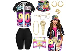 DAZZROI 90s Hip Hop Costume Accessories Set for Women, 9Pcs Rapper Accessories with Baseball Jersey Shirt Yoga Pants Bucket Hat Necklace Earrings Ring Glasses Inflatable Radio Microphone for Disco Theme Party
