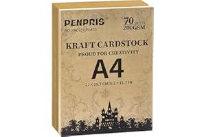 PENPRIS 70 Fogli di Carta Kraft Marrone - 200 g/m²/75 Libbre Formato A4, Carta Cartoncino Pesante Fronte-Retro per Stampante, Creazione di Biglietti, Bricolage, Scrapbooking PAC05KPA470