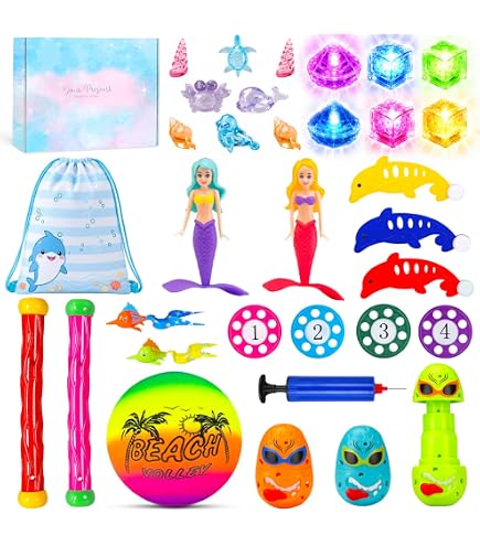 Lot De 35 Jouets De Plongée – Pour Piscine, Mer, Bain – Sirènes, Poissons, Gemmes – Sac De Rangement