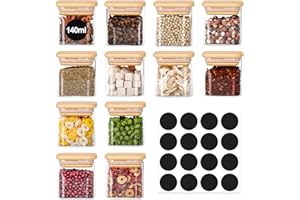 HUALIANG Zestaw 12 słoików na przyprawy, 140 ml, prostokątne z drewnianą pokrywką, pojemniki na przyprawy z 16 etykietami, pojemniki na przyprawy, pojemniki na przyprawy, pojemniki na przyprawy