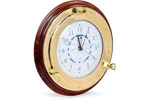 Orologio nautico con oblò in ottone e base in legno – Captain Maritime Beach decorazione per la casa – Nagina International (20 cm)