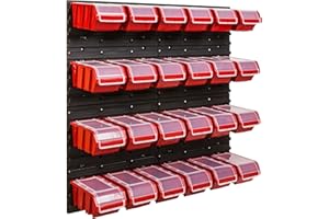 ‎SIMPLETHING Lagersystem Werkstattregal | 78 x 78 cm | 24 stck. Box | Wandregal mit Stapelboxen - Wandplatten Extra Starke Schüttenregal Warkzeuglochwand Lagerregal Garage Regal