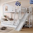 Letto A Castello Con Scivolo E Finestre Per Bambini E Mamma - Telaio Legno Massiccio Pino, 90x200 Cm (superiore) E 120x200 Cm (inferiore), Bianco, Con 2 Cassetti