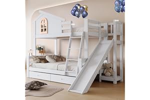 ‎DOLAMANÍ Dolamaní Weiß Hochbett Kinder Etagenbett 90x200 & 120x200 mit Rutsche, kinderhochbett mit Treppe, Kinderbett mit 2 Schubladen & Rausfallschutz-kleinen Fenstern, 2 Lattenrost, Ohne Matratze