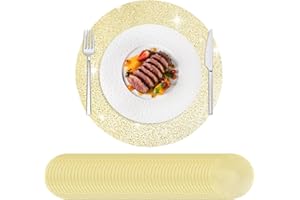 Hysenm 50 Pcs Disposable Gold Placemats Set Metallic 13 Inch Round Foil Mesh Pressed Table Doilies, Ultra-Thin Disposable Placement Mats for Home Decoration Dining Table Wedding Birthday Party