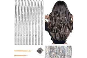 Deepton 2000 Hair Tinsel, 120cm Glitzer Haarsträhnen mit Werkzeug, Haar Lametta Set, Mädchen & Kinder Haarlametta, Glitzersträhnen für Haare für Frauen Kinder Cosplay Party Zubehör, Silber