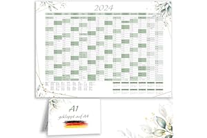 E&G KLASSE Kalendarz roczny XXL na rok 2024 + styczeń i luty 2025 r., planer roczny w formacie A1, piękny wzór liści eukaliptusa, z wakacjami i świętami, kalendarz ścienny, planer ścienny, kalendarz, składany