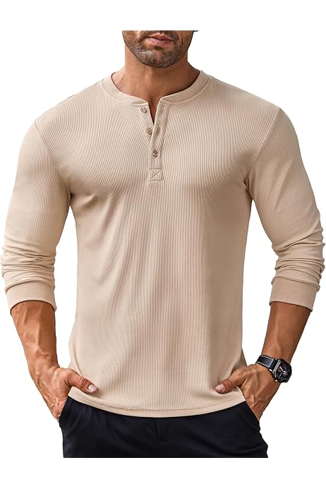 T-shirt Henley Manches Longues Pour Homme - Coton Élasthanne - Col 3 Boutons - Taille M à 4XL - Couleur Unie