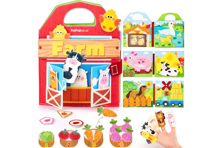 hahaland Montessori Busy Book for 1+ Year Old – 15-in-1 Interactive Sensory Busy Board, Educational Felt Toddler Quiet Toy & Travel Activity, Farm-Themed Baby Toy for 18M+ Girls Boys Airplane