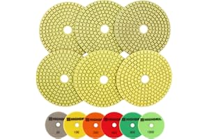 HIGHDRIL Almohadillas Pulido Diamante Húmedas - 6piezas #(50-1500) Almohadillas Lijado 100MM para Granito Piedra Mármol Suelo Grinder Pulir Almohadilla Kit para Taladro, Amoladora, Pulidora