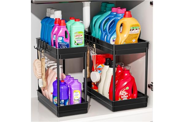 PurKeep 2 Pack Organizador Bajo Fregadero, Organizador Cocina 2 Niveles Debajo del Fregadero, Baño y Hogar, 8 Ganchos, 1L+1M, Negro
