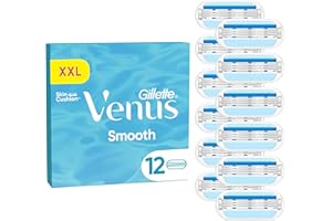 Gillette Venus Smooth Wkłady wymienne do maszynki do golenia dla kobiet, pakiet 12 wkładów, 3 dopasowujące się do kształtów ciała ostrza otoczone poduszeczkami ochronnymi