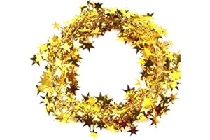 DUORIES 7,5m Stern Weihnachtsbaum Lametta Girlande,Weihnachtsdeko Lametta Draht Folien Girlande Banner Hängedeko Tischdeko für Party Weihnachten Geburtstag Jubiläum Silvester Karneval Fasching Deko,Gold