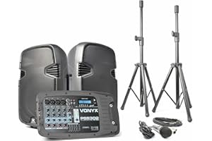 Vonyx PSS302 Sistema PA Set Completo Altavoces con Mezclador, Sistema de Sonido, 300 W, Set de Altavoces PA con Micrófono y Trípodes, Bluetooth, USB, SD, Mando a Distancia, DJ, Cantante, Conferencias