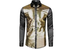 JOGAL Herren Pailletten Hemd 70er Langarm Disco Party Kostüm