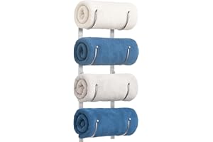 JOSMIMIC Bathroom Rolled Towel Rack: 4-Tier Wall Mounted Towel Storage Holder, Hanging Organizer for Towels, Blankets, Large Bath Sheets, Space Saving in RV, Closet, Toilet, Cabinet, Silver