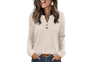 Aokosor Ladies V Neck Jumpers UK- Long Sleeve Tops for Women Ladies Button Lightweight Tunic