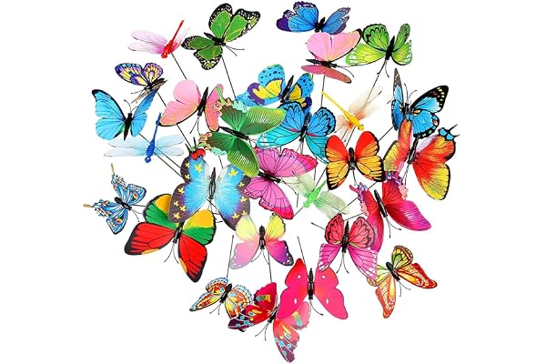 Gwhole Lot de 28 Papillons et Libellules Artificielles avec Bâtonnets pour Décoration de Plantes, Cour Extérieure, Décoration de Jardin