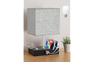 SEEALLE Touch Bedside Lamps with USB C+A Charging Ports 2 Phone Slots, 3-Way Dimmable Table Lamp, Grey Touch Bedside Nightstand Lamp with Linen Shade for Bedroom Living Room Study Office (LED Bulb Included)