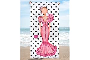 IllustrArte Toalla de Playa de Secado rápido para Gimnasio, Yoga, Viajes, Natación, Piscina, Hamaca, Tumbona (152CM*76CM). Flamenca con Vestido Rosa.