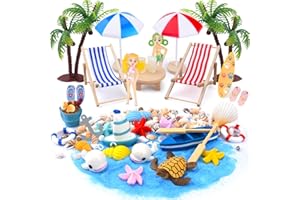 USHOP 38 Pezzi Miniature Spiaggia Micro Paesaggio,Decorazioni da Spiaggia in Miniatura,Mini Sedia a Sdraio Ombrellone Palme Kit di Ornamento in Miniatura,Miniature Giocattoli Giardino