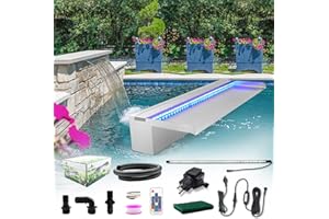 LONGRUN Fontane Cascata Piscina, 60cm Cascata per Piscina Fuori Terra, Laghetto a Cascata in Acciaio inossidabile luce a LED, Fontane da Giardino Esterno