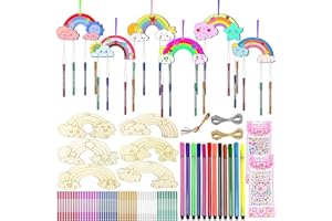 PIWOSGOL Windspiel Bastelset Kinder, 12 Stück Regenbogen Windspiel Bastelset, Holz Basteln Kinder, Regenbogen Holz Klangspiel BemalenHandwerk DIY Spielzeug Geschenk für Mädchen Jungen ab 3 4 5 6 7 8