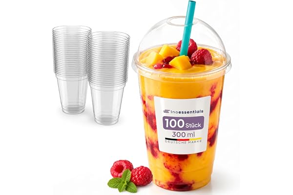 Inoverse 100 st smoothieglas, 300 ml dessertglas, plastmuggar för iskaffe, cocktails, bubbelte och kupollock med hål