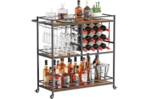 Lifewit Drink Trolley, 3 Tier Bar Cart with Lockable Wheels, 12 Wine Rack and 3 Rows Glass Holders, Kitchen Serving Cocktail Alcohol Trolley for Dining Livingroom, 80.2 x 33.2 x 86 cm, Rustic Brown