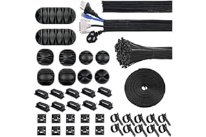 Moseem Cable Management Kit 142Pcs,Wire Organiser Cable Tidy,1 Cable Sleeve,10 Self Adhesive Base,10 Cable Clips,10 Cable Ties,10 Silicone Cord Holder,1 Roll Self Adhesive Tie,100 Wire Fastening Ties