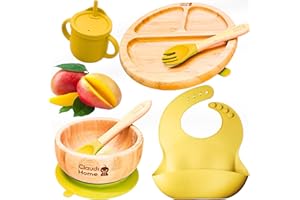 CLAUDI HOME Set prima pappa svezzamento per bambini in bambù ecologico e silicone senza BPA - Piatto a ventosa, ciotola, forchetta, cucchiaio, bavaglino e tazza con cannuccia in silicone. (Mango)