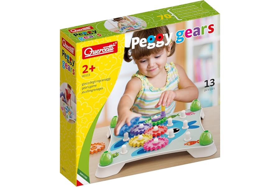 Quercetti Peggy Gears Early Childhood Game, 7 Gears and a Maxi Dashboard, Discover The Chain Reaction - for Boys and Girls Ages 2+