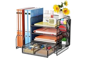 Casavibe Schreibtisch Organizer mit Aktenhalter - 5-Tier Briefablage Ablagefächer mitSchublade,4 Stithalter, Schreibtisch-Aufbewahrung, Zeitschriftenhalter fürBürobedarf (schwarz)