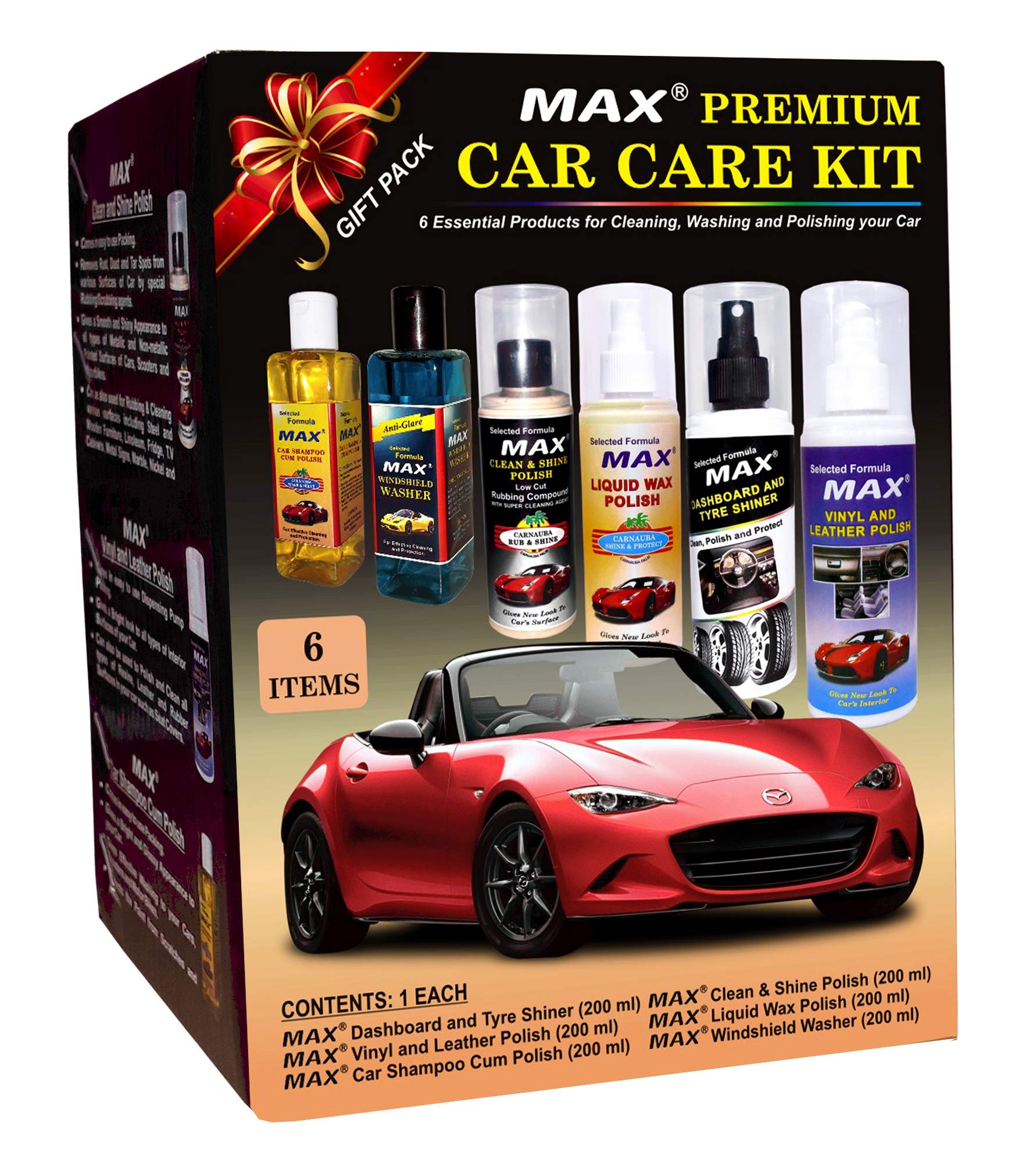 MAX Premium Car Care Kit (Pack of 6 Items of 200 ML Each, 1 Pc Microfiber Cloth 350 GSM, 4 Pcs Foam Applicators and 1 Pc Leather Keychain) for Car Cleaning, Washing, Conditioning, Rubbing and Polishing