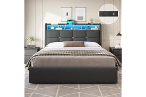 ‎DICTAC DICTAC Polsterbett 160x200 mit Bettkasten,LED Beleuchtung und Steckdosen Doppelbett 160x200cm mit Hydraulisch Stauraum,Kopfteil und USB-Anschlüssen Leinen bettgestell 160x200 mit Lattenrost,Dunkelgrau