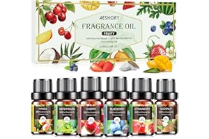 AESHORY Zestaw Olejków Eterycznych Owocowych, Olejek Zapachowy Premium Do Dyfuzora Domowego, Nawilżacza Powietrza, Mydła I Świec – Truskawka, Jagoda, Wiśnia, Kokos, Arbuz, Mango