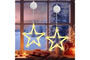 Kimuwote Lumières Fenêtre Décorative de Noël, 2 Pièces 10 LED Étoile Rideau Lumineux Piles Intérieur avec Ventouses, Minuterie, Guirlande Lumineuse Décoration pour Noël, Fête, Mariage (Blanc Chaud)
