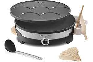 LAGRANGE Crêpière électrique, fabrication française, thermostat réglable, 2 plaques interchangeables en fonte d'aluminium, poignées en bois, 1500 W, Tradui DUO, 109017