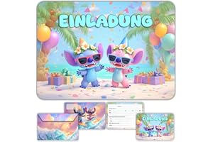GLOWIIBO Set mit 12 Stich, Lilo und Angel Einladungskarten für Geburtstag mit passenden Umschlägen – für Kinder, Mädchen und Teenagerinnen - Vorgefüllte Karten auf Deutsch für Geburtstagsparty und Feier