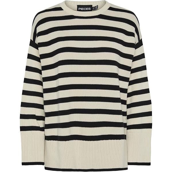 Pieces Maglione Donna Pcava A Righe Con Girocollo E Spacchi Laterali - Cotone Morbido, Taglia XL, Colore Crockery