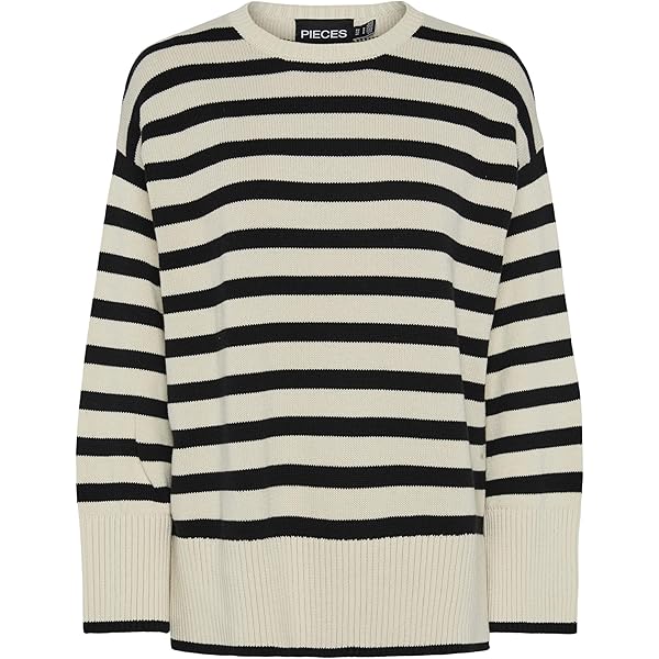 Pieces Maglione Donna Pcava A Righe Con Girocollo E Spacchi Laterali - Cotone Morbido, Taglia XL, Colore Crockery